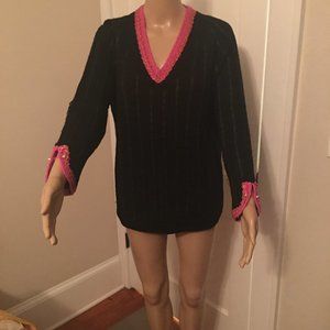 Black sweater, close woven with black ribbon. Pink/beading neck and sleeve trims